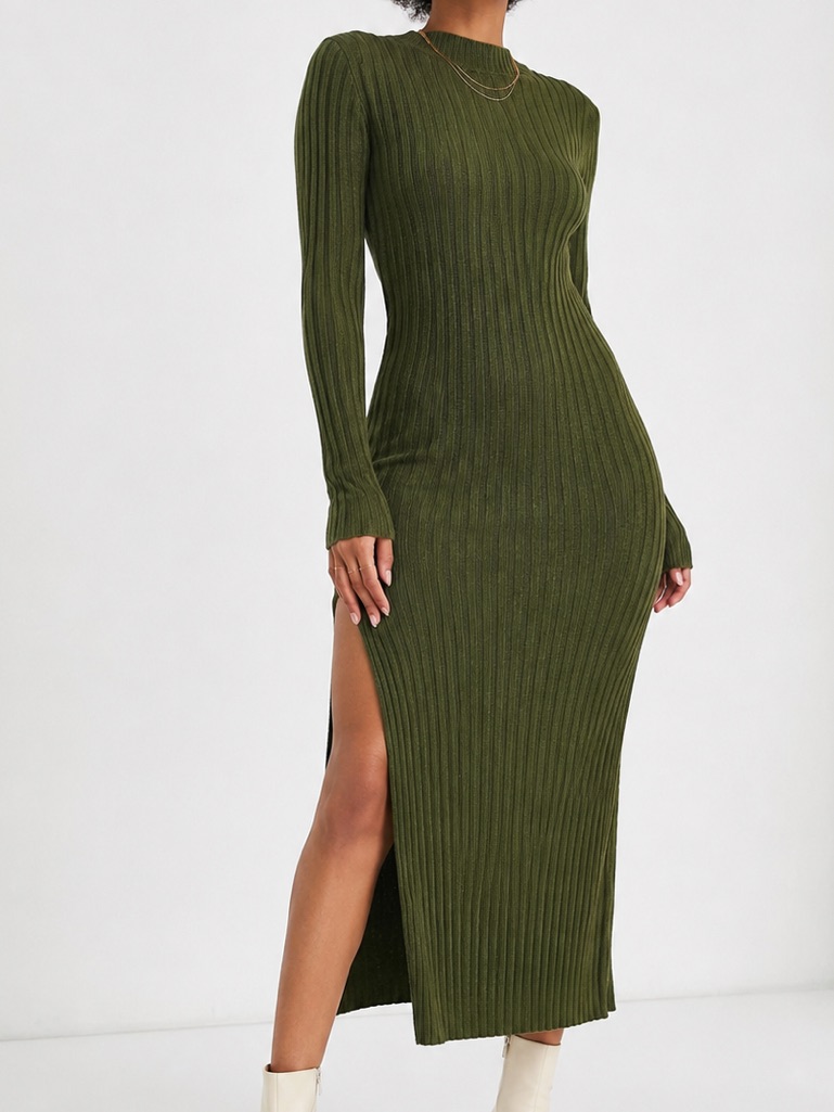 Brave Soul Nwt Green Ribbed Sweater Side Slit Fitted Midi Dress Create